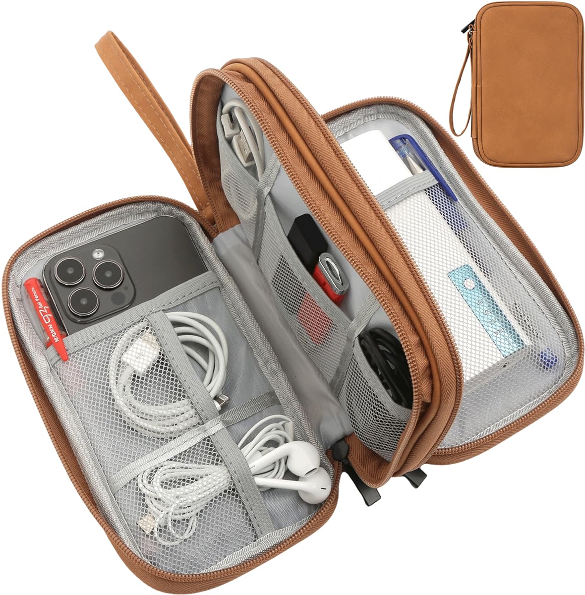 CAAORDKSO Travel Cable Organizer Pouch Electronic Accessories Carry Case Water Resistant Accessories Organizer Pouch Bag for Cable, Cord, Charger, USB, Phone, Power Bank, Earphone (Brown, Medium)