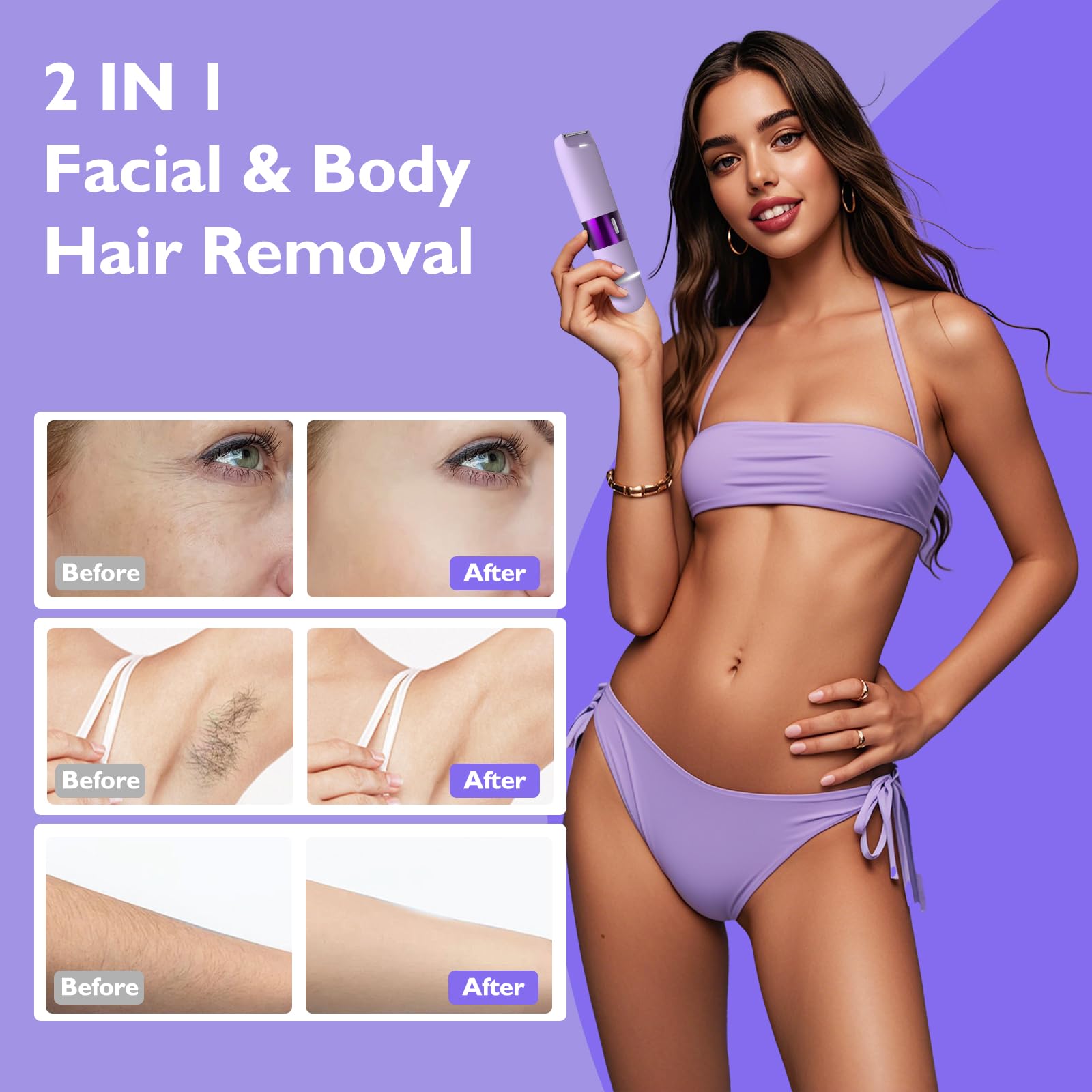 Bikini Trimmer for Women, Dual Head Electric Razors, Pubic Hair Trimmer with IPX7 Waterproof & Easy Cleaning, Rechargeable Painless Silk Glide Pro Shaver for Underarm Leg Arm Body Face, Purple