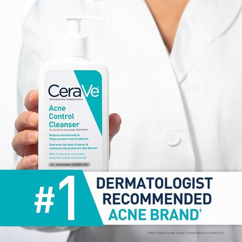 CeraVe Acne Control Cleanser - 2% Salicylic Acid & Niacinamide | Gentle Fragrance-Free Face Wash, 16 Ounce