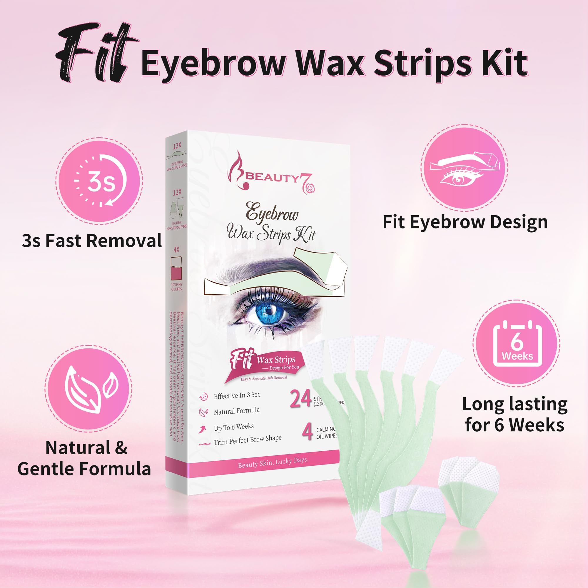 Beauty7 Facial Wax Strips for Hair Removal - Eyebrow Wax Strips at Home - 24 Strip, 4 Calming Oil Wipes for All Skin Types for Women