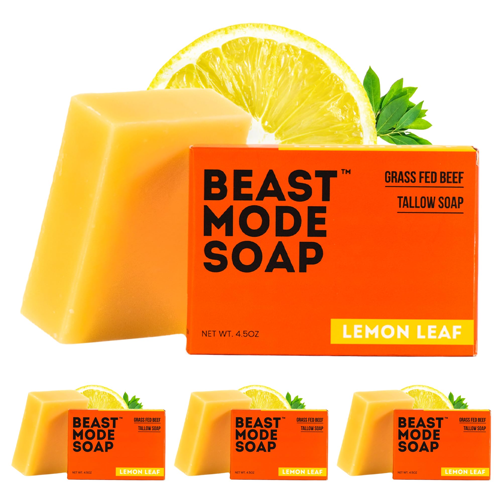 Beast Mode Soap for Men, Lemon Leaf, 4-Bar Pack – Natural Grass-Fed Tallow Bar Soap, Fresh Scent, Handcrafted, Non-Toxic