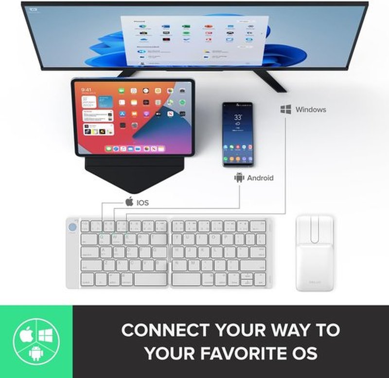 DELUX PockCombo Wireless Keyboard and Mouse - Foldable Bluetooth Design | Portable Lightweight Combo (White)