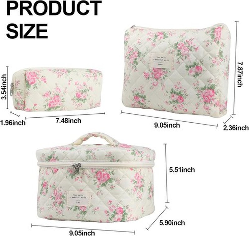 Skiennix Cute Makeup Bag Set - Quilted Floral Travel Cosmetic Organizer (3 Pcs, Pink Flower)