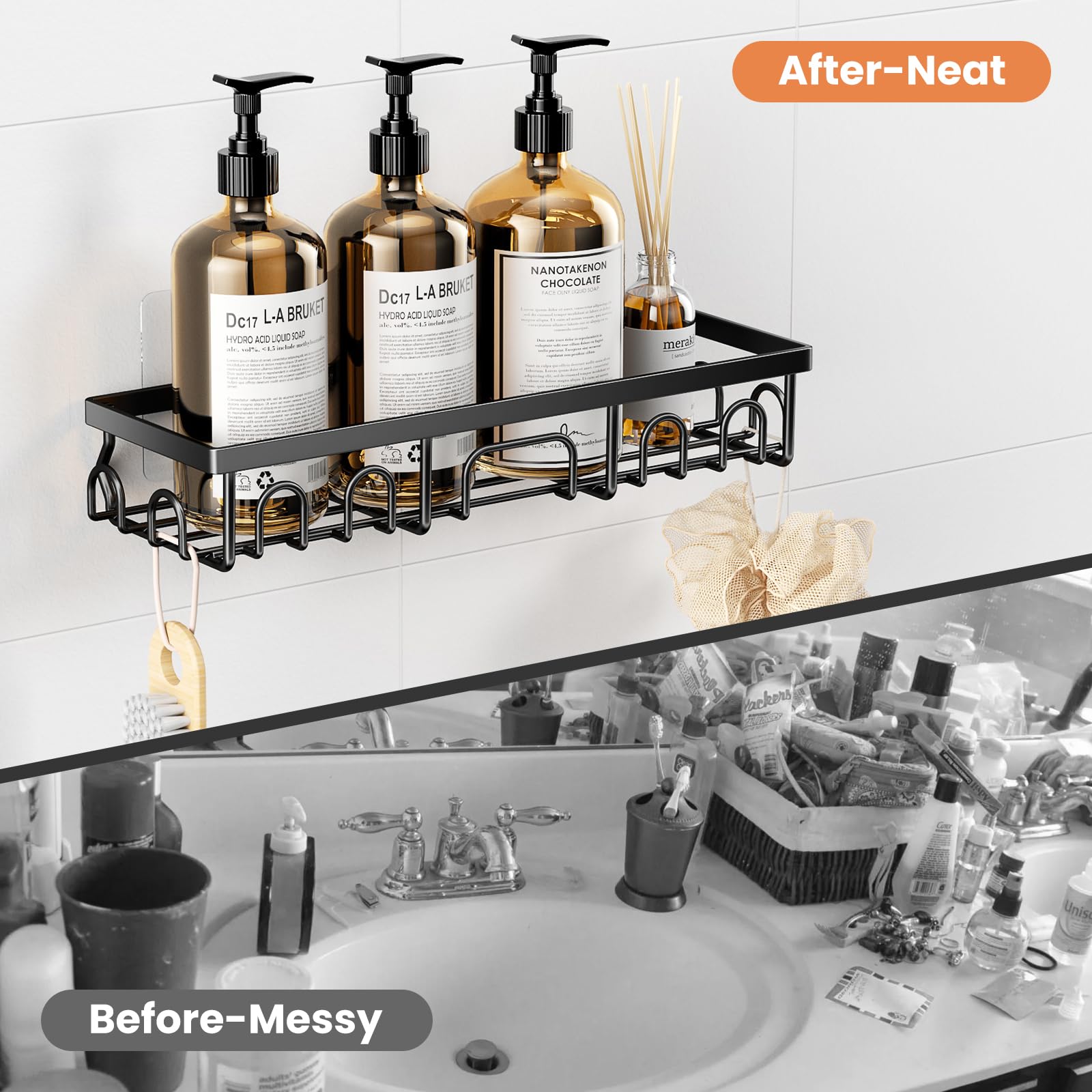 Deyhoc Shower Caddy, 5 Pack Shower Shelves for Inside Bathroom, Rustproof Adhesive Bathroom Organizer with Soap Holder, No Drilling Washroom Organizers and Storage for Bathtub Room/Kitchen/Home, Black