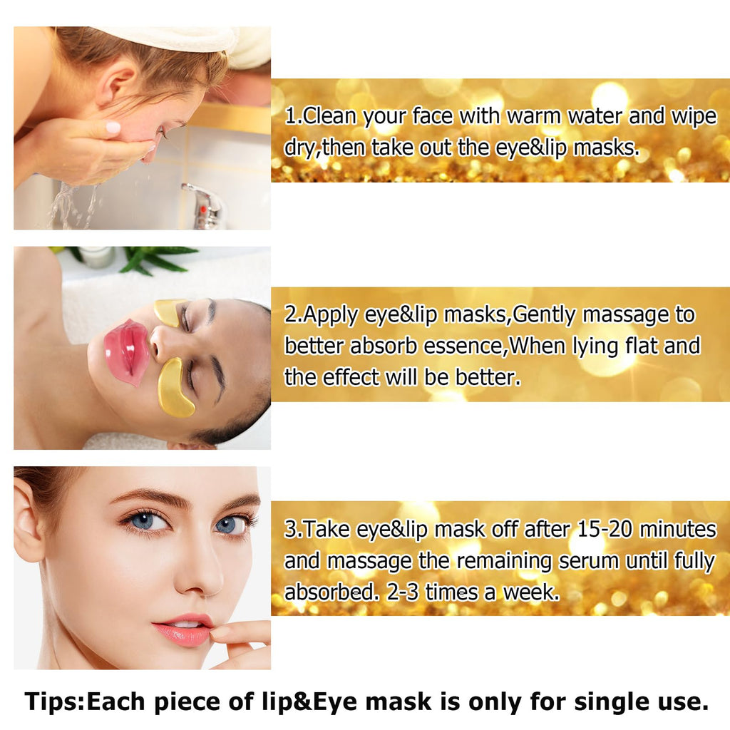 Ruzzut 40 Pairs Peach Red Lip Masks & Eye Masks, 24K Gold Gel Collagen Eye Patches for Puffy Eyes, Dark Circles, Wrinkles and Eye Bags, Collagen Crystal Mask Set for Women Men