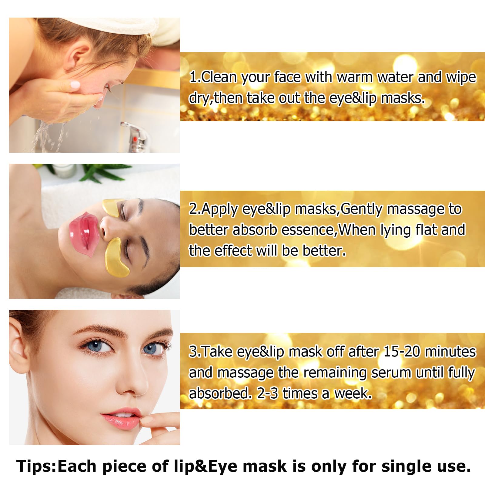 Ruzzut 40 Pairs Peach Red Lip Masks & Eye Masks, 24K Gold Gel Collagen Eye Patches for Puffy Eyes, Dark Circles, Wrinkles and Eye Bags, Collagen Crystal Mask Set for Women Men