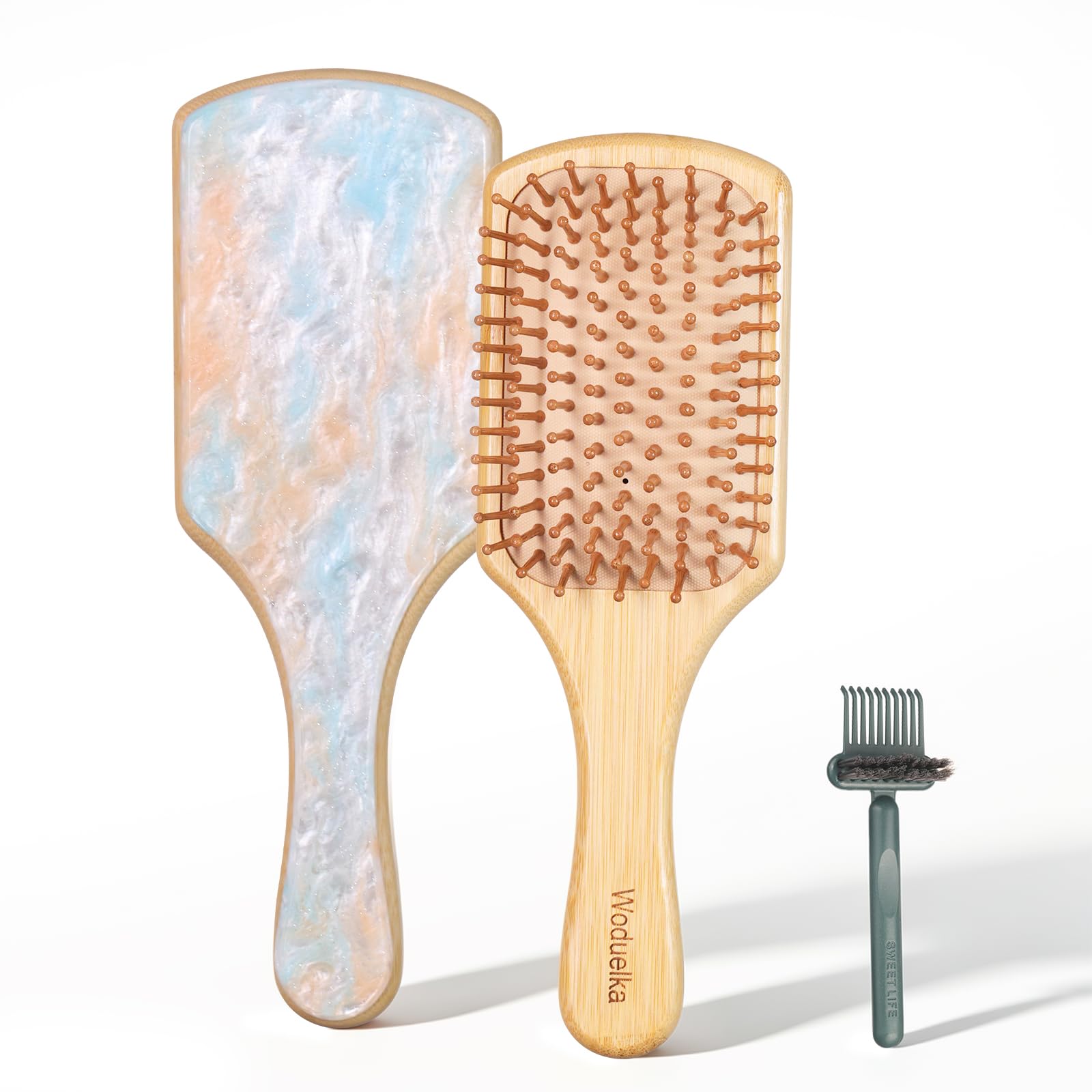 Bamboo Hair Brush for Women – Paddle Detangling Hairbrush with Natural Bamboo Bristles, Paddle Hairbrush for Scalp Massage, All Hair Types, Brush Cleaner Included, Yellow & Blue