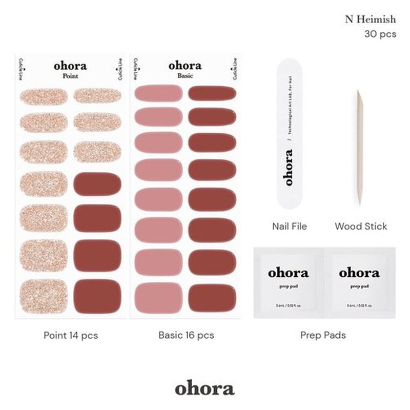 ohora Semi Cured Gel Nail Strips (N Heimish) - Brown, Glitter, Works with Any UV/LED Lamps, Salon-Quality, Long Lasting, Easy to Apply & Remove - Includes 2 Prep Pads, Nail File & Wooden Stick