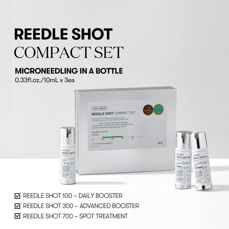 VT COSMETICS Reedle Shot Compact Set, Microneedling Serum Gift Set with Reedle Shot 100, 300, 700, Exfoliating, Anti-Aging, Travel Size Skincare, Gift Set for Glass Skin (0.34 oz / 10ml each)