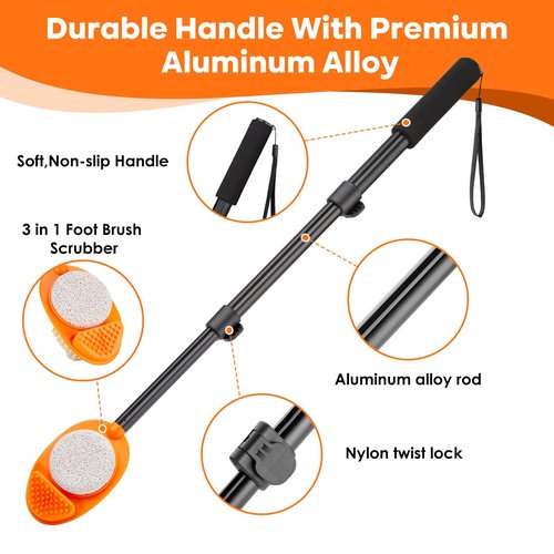 LYIGEOL Foot Scrubber with Pumice Stone, 3 in 1 Adjustable Aluminum Tube 15”-28” Shower feet Dead Skin Remover, Foot Cleaning Brush for Seniors,Elderly, Disabled Men and Women