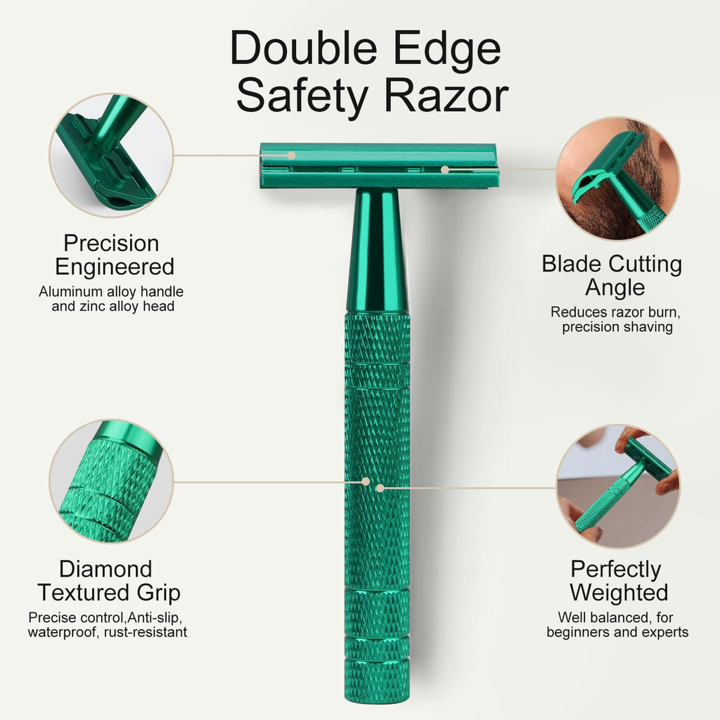 Green Safety Razors for Men and Women, Reusable Metal Single Blade Razor