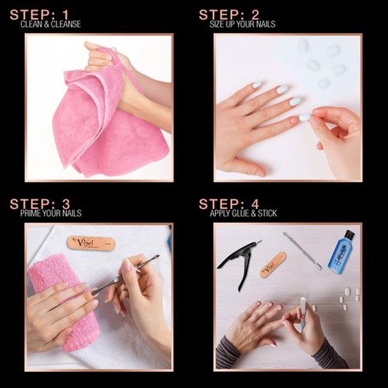 By Vixi 600 MEDIUM OVAL NAIL SET with PREP FILE, 10 Sizes – Clear Express Full Cover False Fingernail Extensions for Salon Professionals & Home Use
