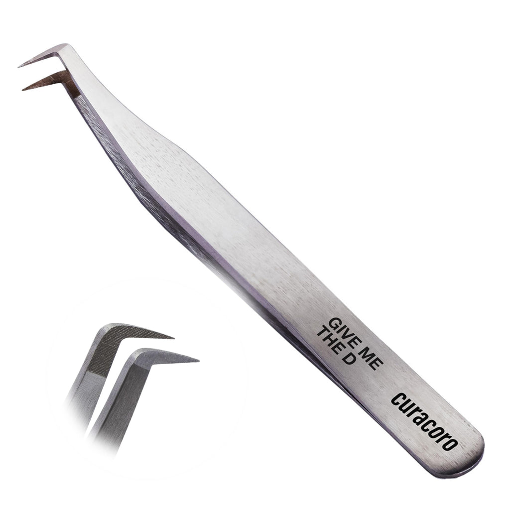 Curacoro Lash Tweezers, Fiber Tip Grip (Silver, Give Me the D)