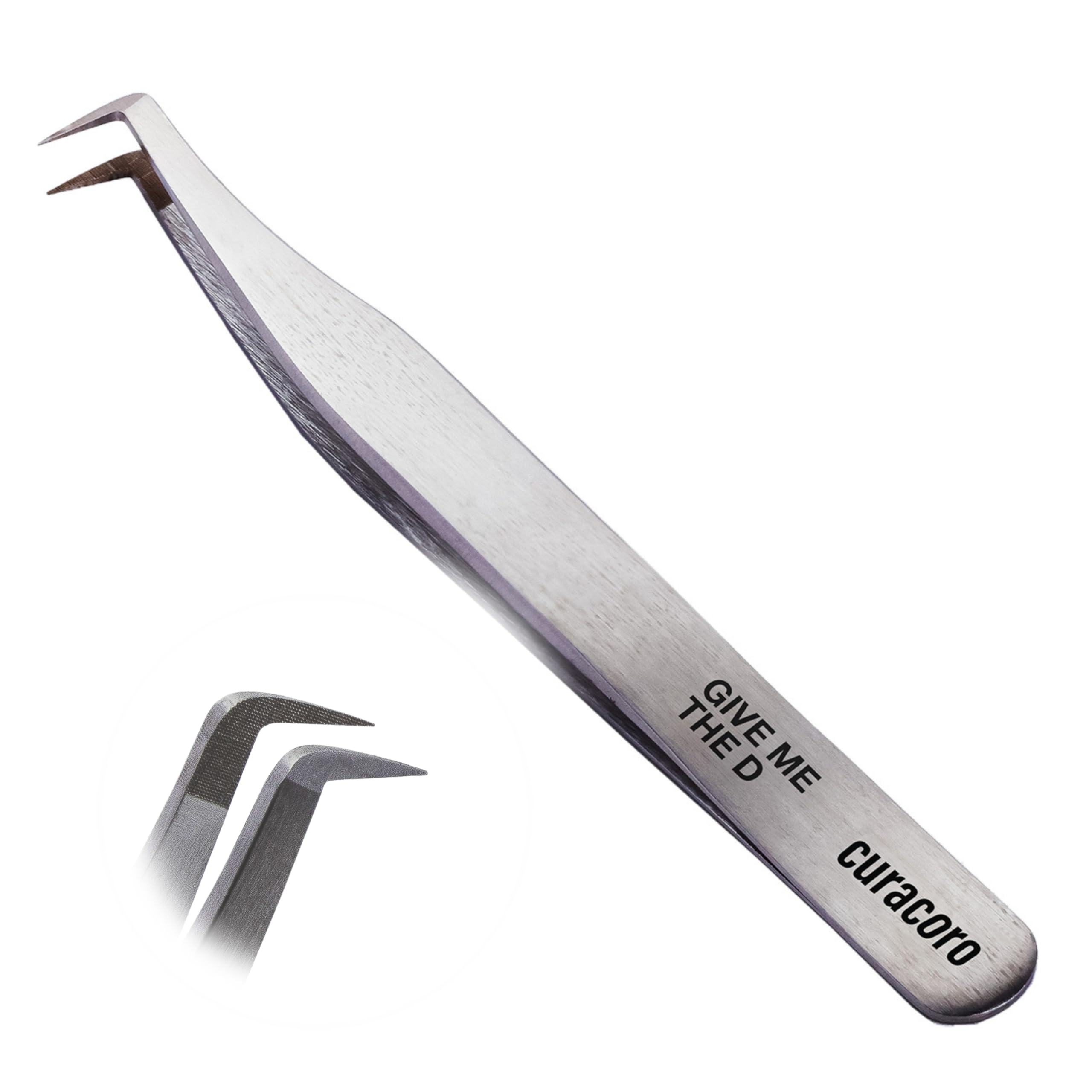 Curacoro Lash Tweezers, Fiber Tip Grip (Silver, Give Me the D)