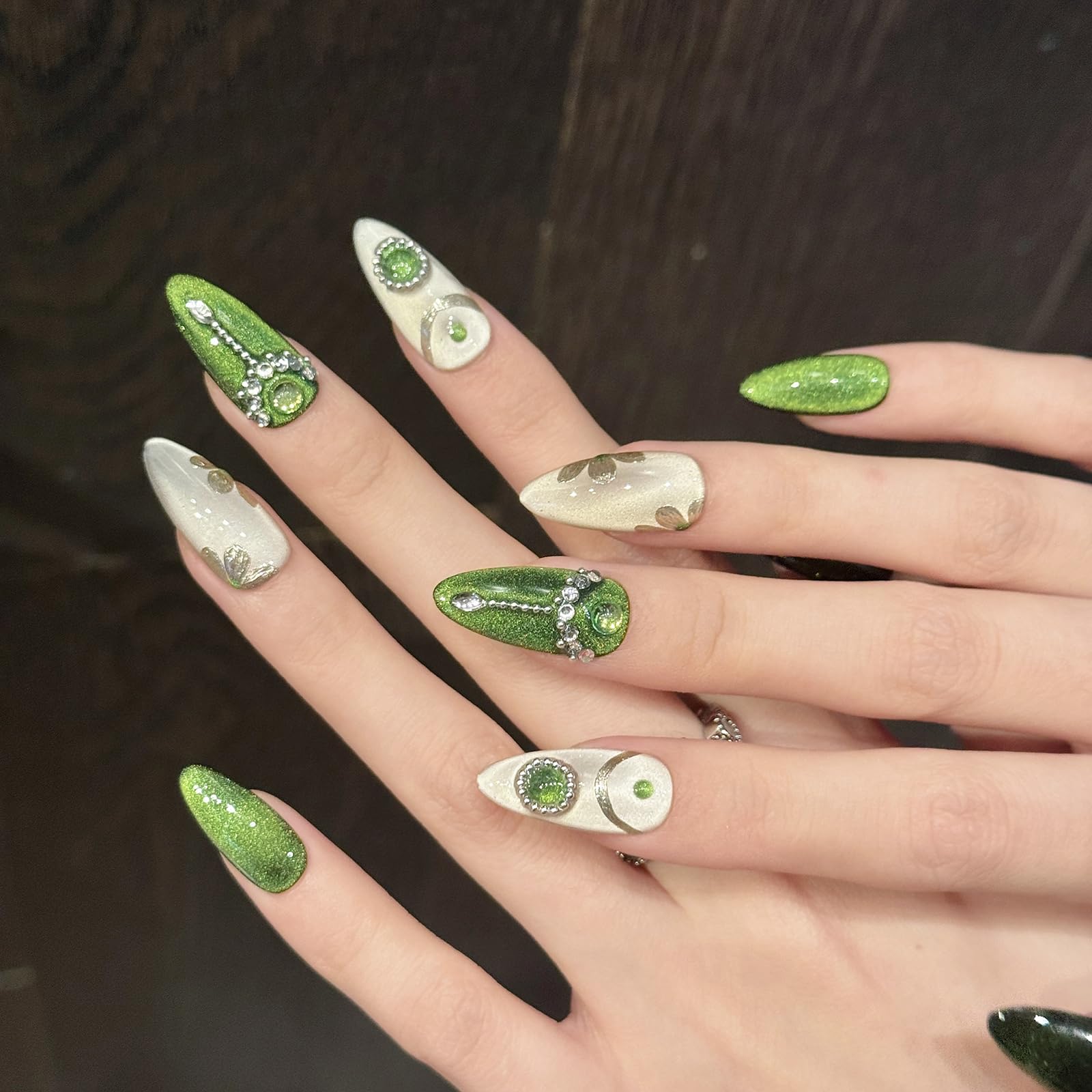 Yacey 3D Handmade Press on Nails, Medium Almond Reusable False Nails Press Ons, Emerald Cat Eyes Thick Acrylic Fake Nails, Luxury Gem Glow Glue on Nails for Women Girls (10 Pcs, M)