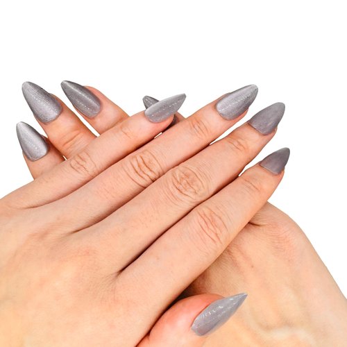 Citchniboul Press on Nails Almond - Grey Cat Eye French Tip Fake Nails, Glazed Glue On Nails for Women Gifts, Natural Stick On Nails in 12 Sizes - 24 Soft Gel Fake Nail Kit，Starry Sky