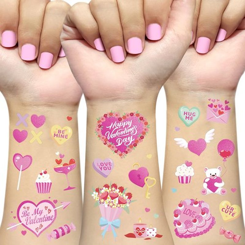 Ovasorve Valentine's Day Temporary Tattoos 68 Styles V-Day Hot Pink Foil Tattoos Galentines Day Decoration Be Mine Party Favor Valentines Candy Heart Supplies Classroom Exchange Prizes