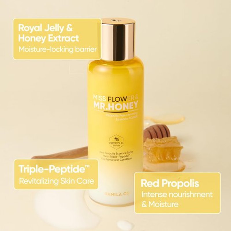 BANILA CO Miss Flower & Mr Honey Propolis Rejuvenating Essence Toner | Hydrating Toner with Propolis Extract & Royal Jelly | Hydrating Korean Skincare for Youthful Radiance (190ml / 6.42 fl oz)