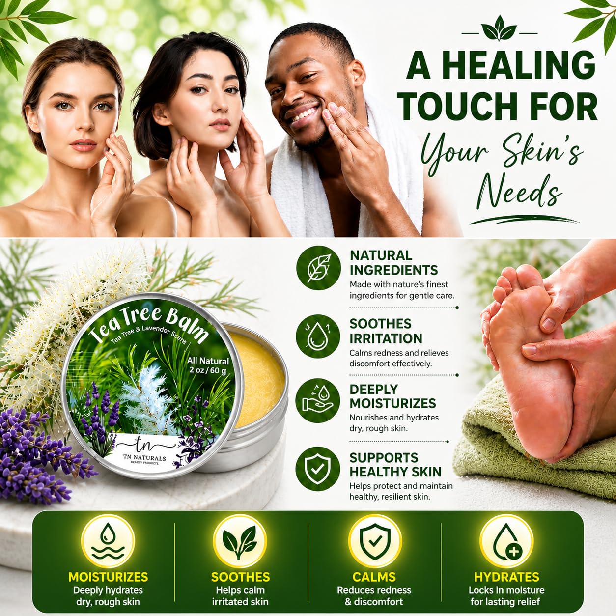 Tea Tree Oil Balm for Itchy Skin Relief – Soothing Moisturizing Balm for Dry Skin, Bug Bites, Chafing & Irritated Skin – Natural Skin Care for Body, Hands & Feet (1 Pack)