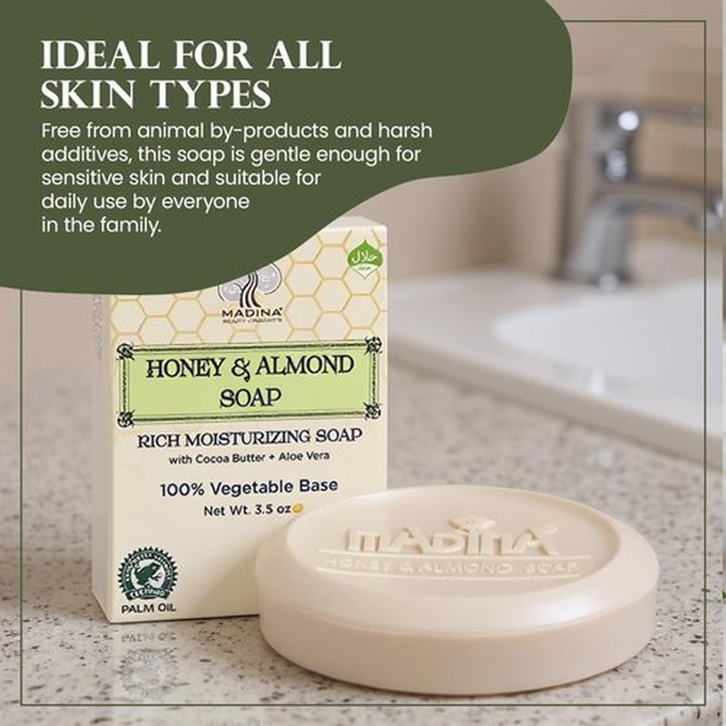 Madina Honey & Almond Soap Bar – Moisturizing, Nourishing, Sweet Almond Oil, Honey, Cocoa Butter, Aloe Vera, 100% Vegetable-Based, Halal Certified, 6 Pack (3.5 oz Each)