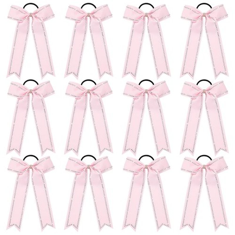 DEEKA Long Tail Rhinestones Cheer Bows 12 PCS Collegiate Style Cheer Bows Full Rhinestone Skinny Cheer Bow Ponytail Holder Handmade Bows for Girls Teens Cheerleader Sports (Light Pink)