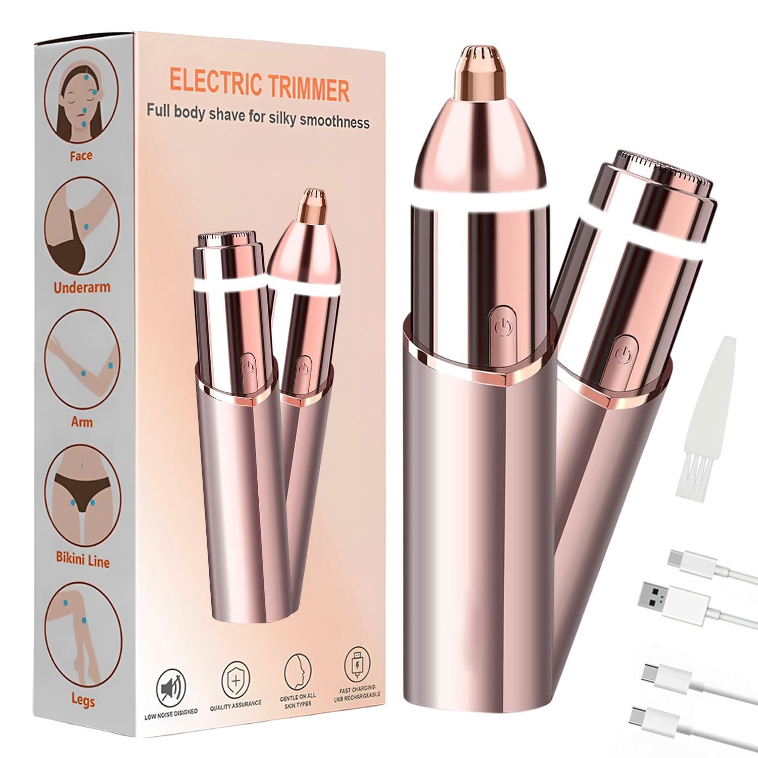 Infinity Choices Eyebrow & Facial Trimmer: 2 in1 Rechargeable Facial Hair Removal & Eyebrow Shaver - Body Razor with Built-in LED Light (Rose Gold)