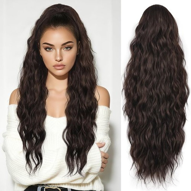 LEEONS 26 inch Drawstring ponytail Extension, Long Wavy pony tails hair extensions for Women - Synthetic Hairpiece Ponytail for Daily Use (Black Brown)