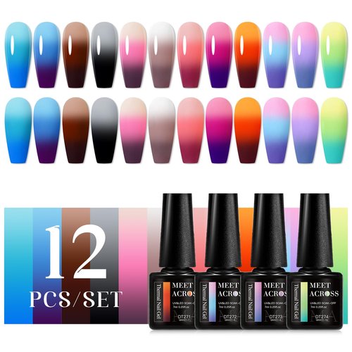 MEET ACROSS Color Changing Gel Nail Polish, 12 Colors Pink Blue Purple Orange Neon Mood Temperature Change Gel Polish Set Soak Off DIY Home Nail Art Gift For Girsl