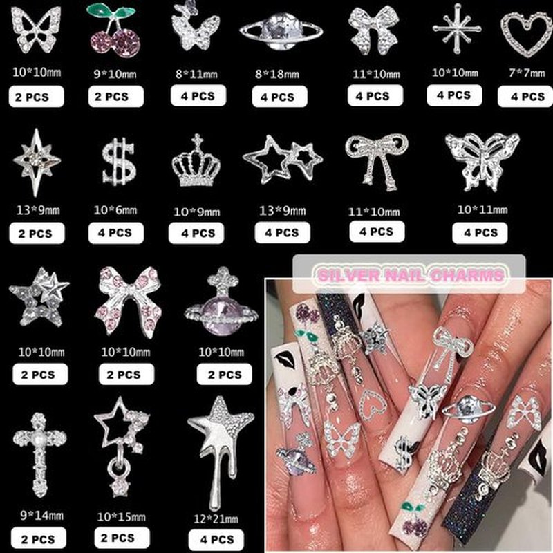 120 Pcs Silver Gold Nail Charms 3D Butterfly Cherry Star Bow Cross Planet Crown Heart Dollar Nail Gems Shiny Nail Rhinestones for Women Nail Art DIY Design（21 Styles