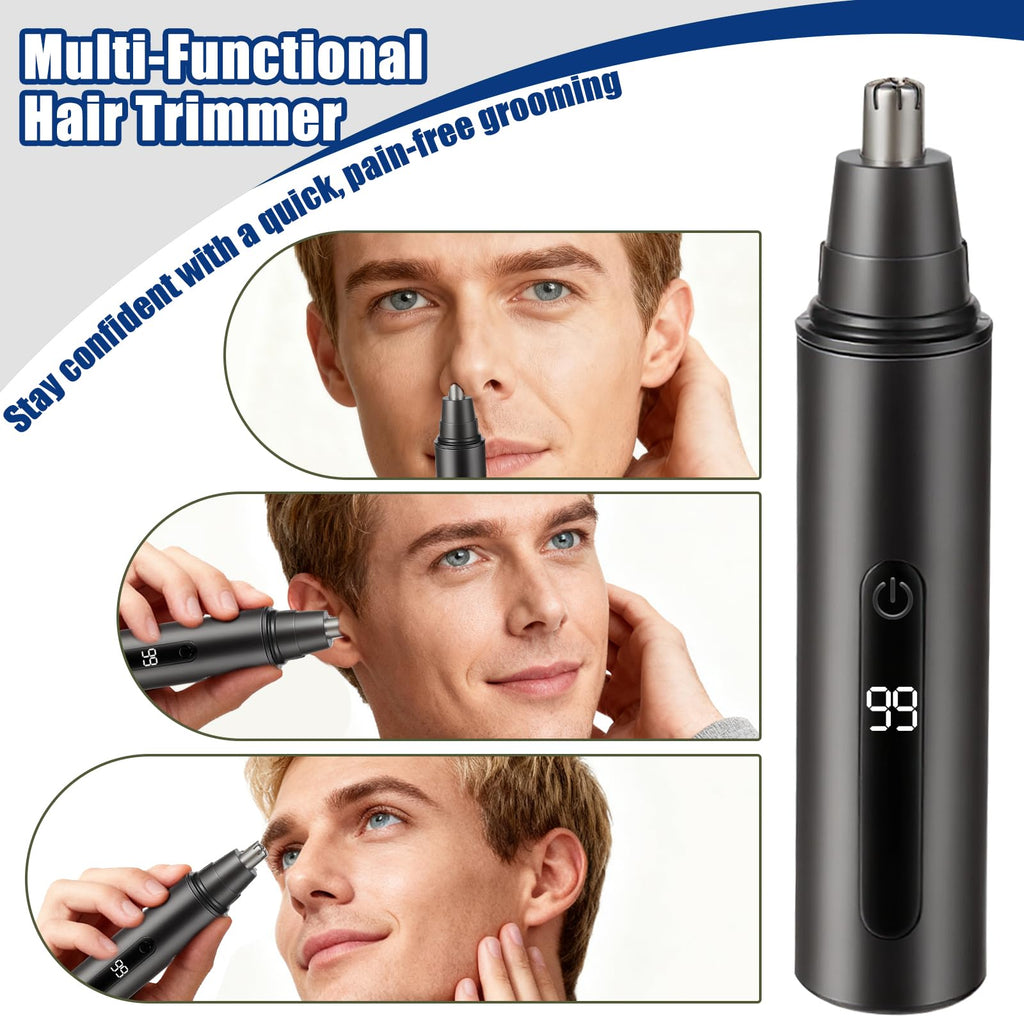 SYAWS Nose Hair Trimmer for Men and Women,USB Rechargeable Eyebrow & Facial Hair Remover with LED Display,Aluminum Alloy Shell with IPX7 Waterproof,Dual Edge Blades for Easy Cleaning (Black)