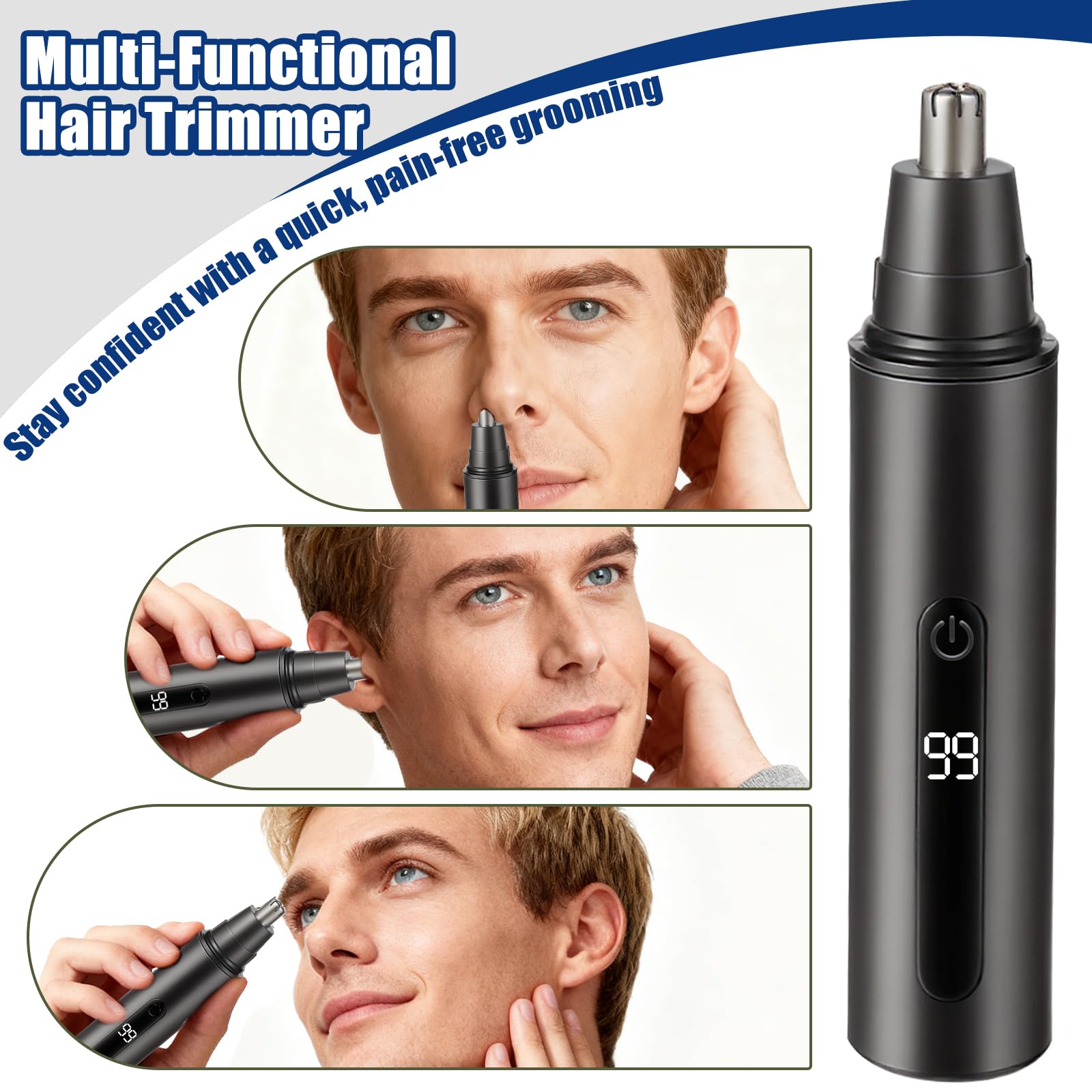 SYAWS Nose Hair Trimmer for Men and Women,USB Rechargeable Eyebrow & Facial Hair Remover with LED Display,Aluminum Alloy Shell with IPX7 Waterproof,Dual Edge Blades for Easy Cleaning (Black)
