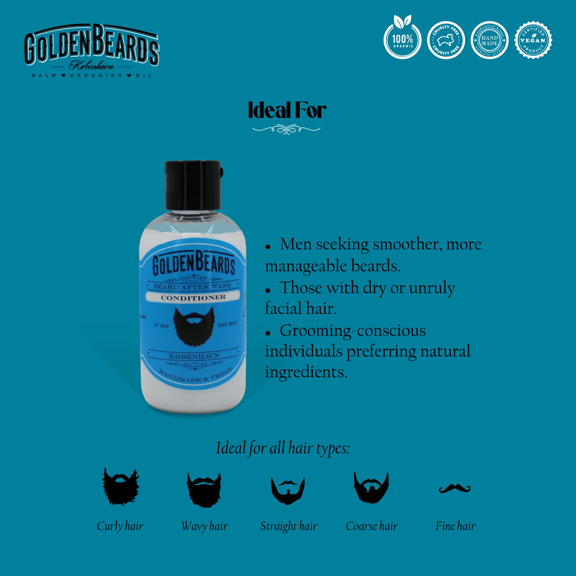 Golden Beards Beard Wash Set or single – Organic Beard Shampoo & Conditioner for Men, 100ml Each – Nourishing Jojoba & Oils with Carshalton Lavender Scent, Vegan & Handmade in Denmark (Conditioner)
