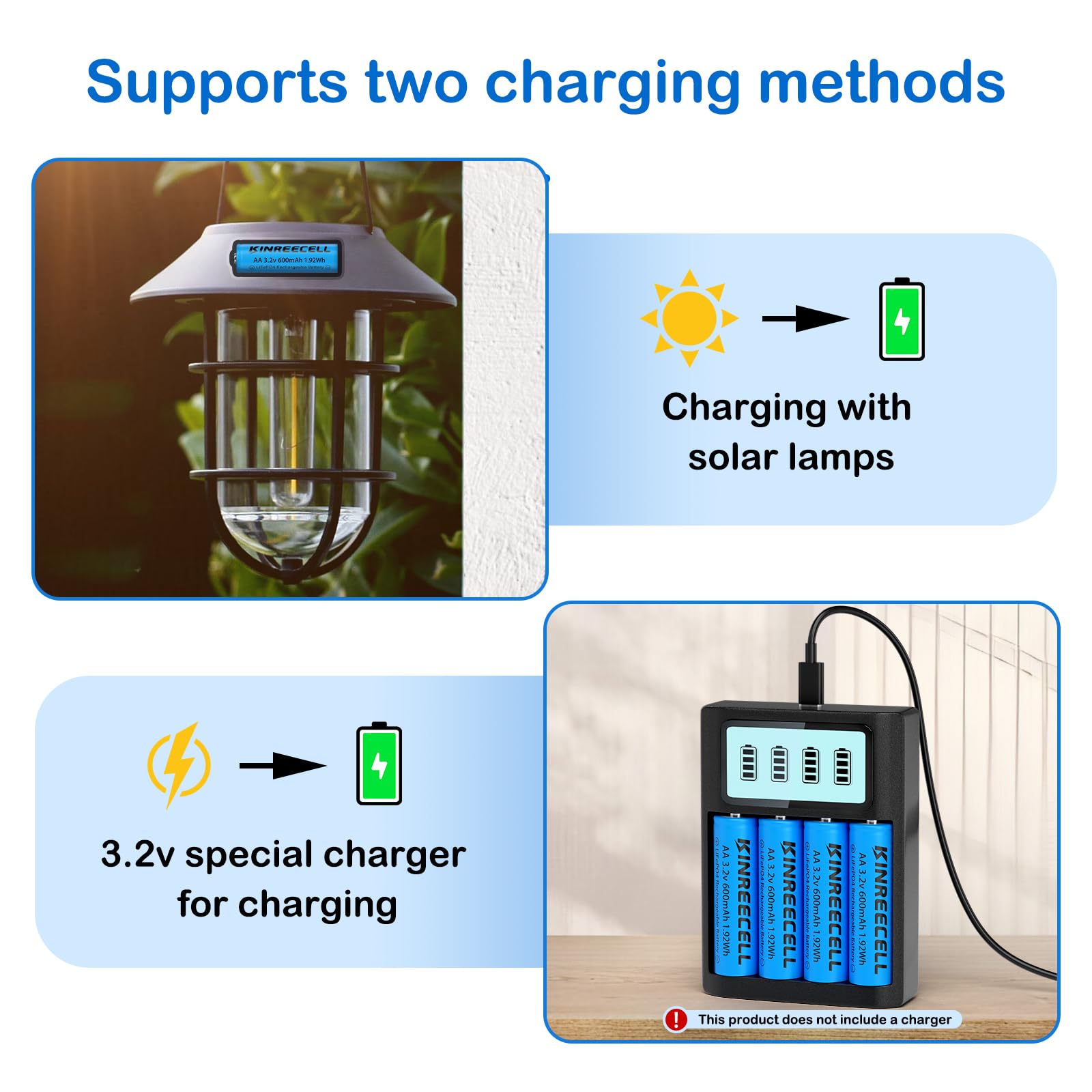 KINREECELL AA 3.2v 600mAh Battery, LiFePo4 Double A Battery with Low self-Discharge, 3.2v Batteries for Solar Lights, Wall Lanterns, Solar Post Lights（4 Pack）