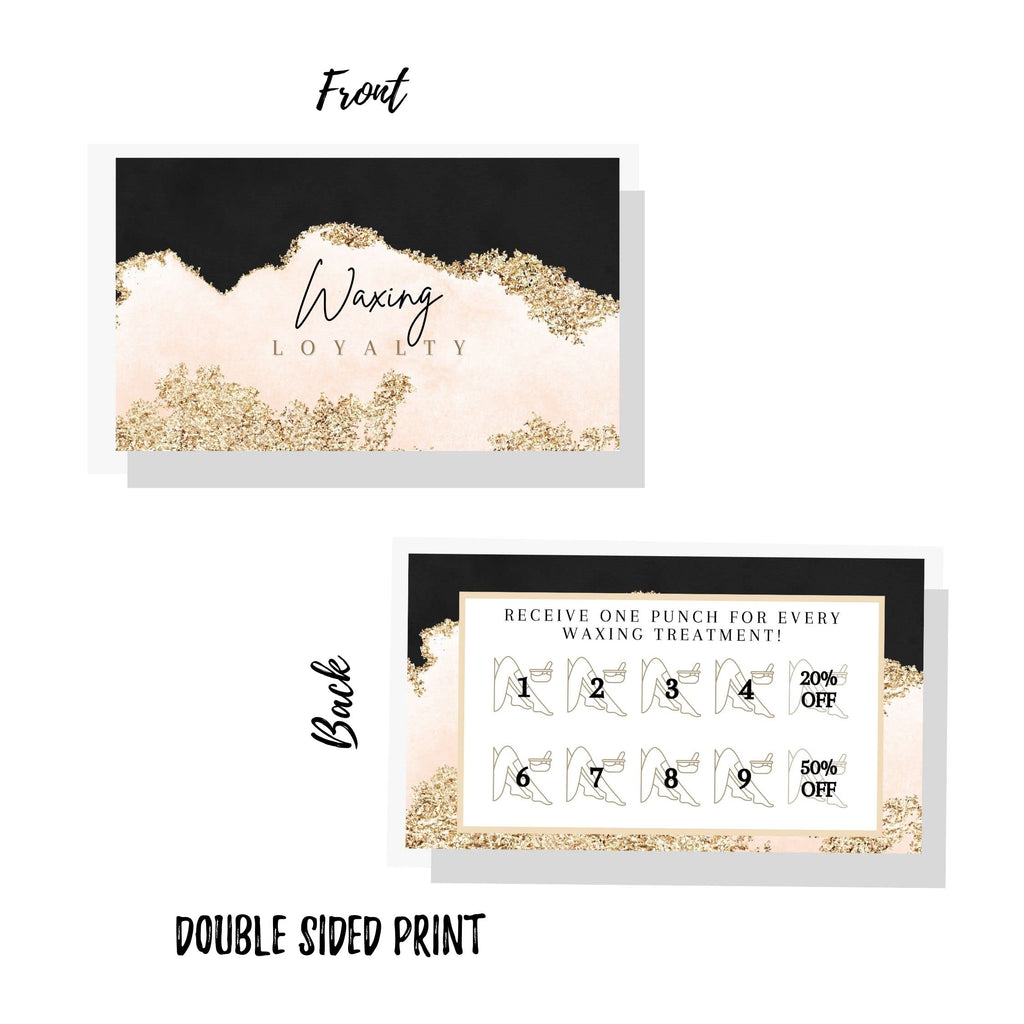 Boutique Marketing Waxing Loyalty Discount Cards | 50 Pack | Size 2x3.5'' inches Business Card Size | Matches Waxing Aftercare Kit Cards PMU | Black, Pink, and Gold Design