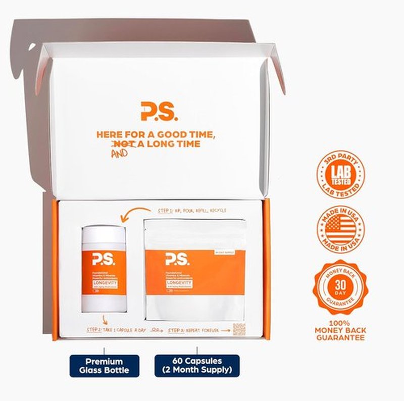 PS Longevity Supplement - Premium Anti-Aging Multivitamin for Men & Women | Methylated B Vitamins, CoQ10 & Antioxidants - Boost Cellular Health & Memory - 2 Month Supply