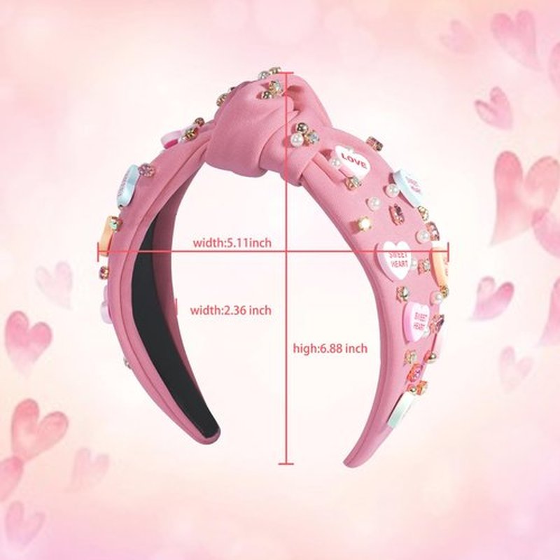 AENMTU Valentine’s Day Headband for Women Girls Top Knot Jeweled Rhinestone Velvet Plush Hair Accessories Pink Red Heart Clothes Outfit
