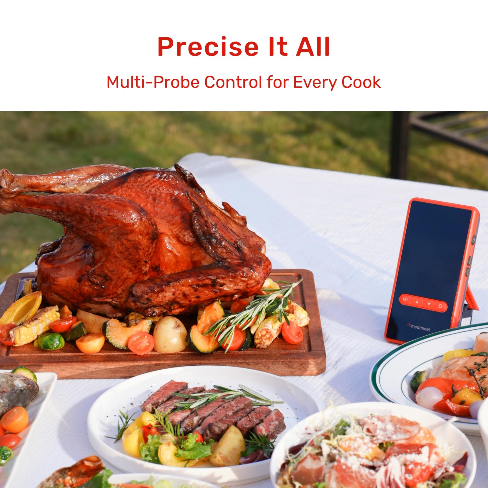 Meatmeet Wireless Bluetooth Meat Thermometer Digital, Standalone Base, WiFi Unlimited Range, AI guided cooking, 6 Sensors with ± 0.18°F Accuracy, 2 Probes for Kitchen, BBQ, Grill, Oven, Smoker (X Pro)