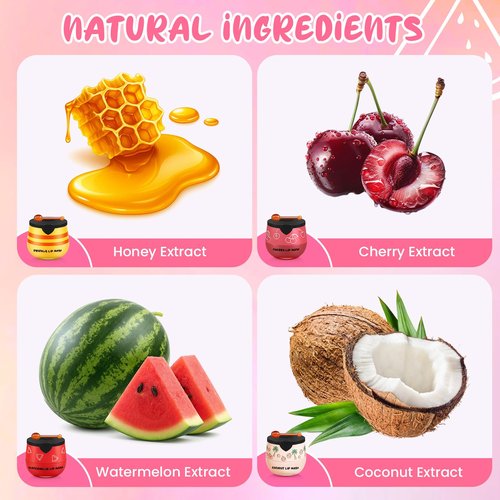 TEIHWAL 4PCS Bee Lip Balm Honey Pot Cherry Watermelon Coconut Honey Lip Balm, Moisturizing Sleeping Lip Mask Overnight, Prevention Dry and Cracked Lips