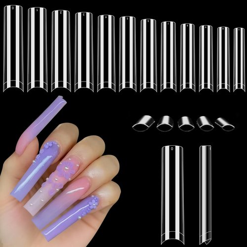 Laza 600pcs No C Curve Clear Fake Nail Tips 12 Sizes Half Cover Flat Nail Tips Square Straight Extra Long False Nail Tips for Acrylic Nails Extension Tips — 3XL