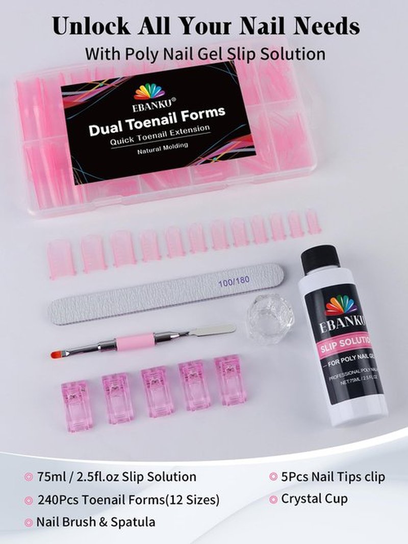 Poly Gel Nail Forms Kit For Toes and Fingers, EBANKU 240PCS Square Toes Dual Forms Nail Extension, Straight Flat Pre-etched, Includes 2.5oz Nail Slip Solution, Dual-Ended Brush, Nail File & 5 Clips