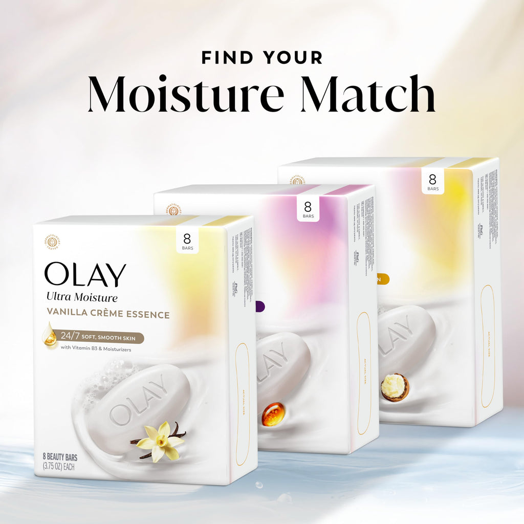 Olay Beauty Bar, Ultra Moisture,10x More Moisturizers, 24/7 Soft & Smooth Skin, Gentle Cleanse on Face & Body, Vitamin B3 Complex, For All Skin Types, Vanilla Crème Scent, 3.75 oz, (Pack of 8)