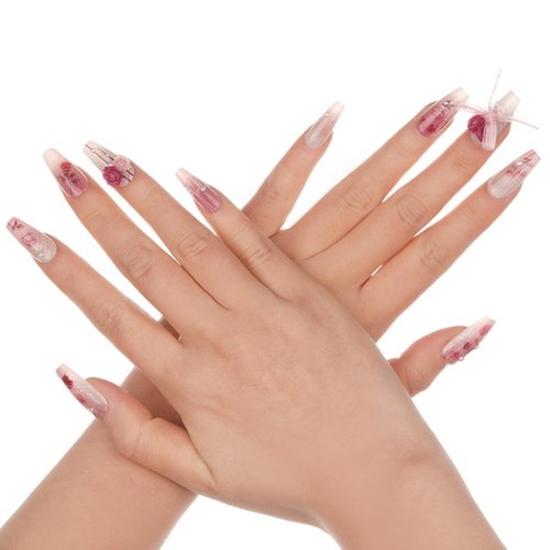 Coffin Shaped Luxury Press on Nails - Retro Rose Valentine | Ballerina Artificial False Nails, Glossy Pink Fake Nails with 3D Flowers, Salon Quality Reusable Nails Kit (Size S)