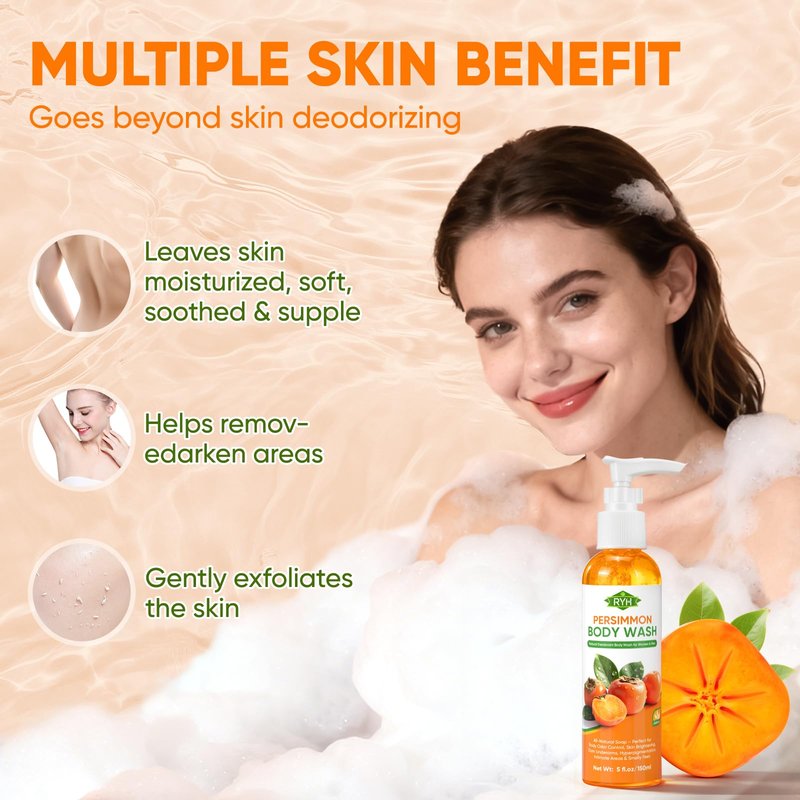 RYH Persimmon Body Wash for Body Odor Control – Natural Deodorant Soap for Eliminating Odor, Smelly Feet Deodorant Body Odor Eliminator, Gentle on All Skin Types, Persimmon Shower Gel for Women & Men