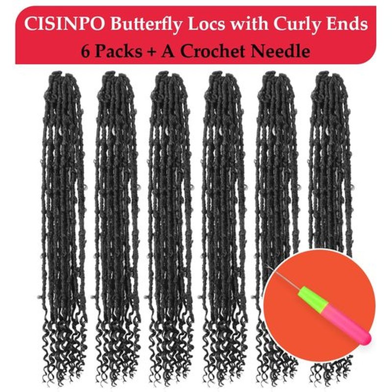 CISINPO Butterfly Locs Crochet Hair with Curly Ends 30 Inch, 6 Packs Boho Distressed Locs Hair Extensions, Bohemian Goddess Faux Butterfly Braids Can be Used for Wigs (1B, Natural Black)