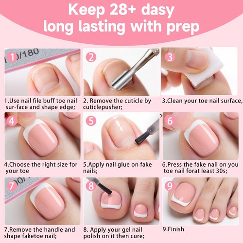 Toe Press On Nails, 240Pcs White French Press On Toenails Kit, Nude Square Pre-Designed Soft Gel False Toenail Extension, 12 Size Full Cover Fake Toenail Press Ons for Women