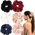 MixS Live Large Silk Scrunchies for Women - 6PCS Satin Hair Ties Oversized, No Damage Hair Bands Gentle for Thick/Long Hair, Soft & Comfortable for Sleeping, Gym, Travel (Red/Black/Brown)