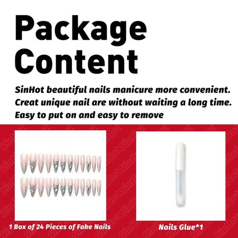 SINHOT Luxury Press on Nails - Long Stiletto Fake Nails, Glossy Finish, French Tip & 3D Rhinestones Design, DIY Artificial False Nail Art - 24 Pcs Nail Kit with Glue