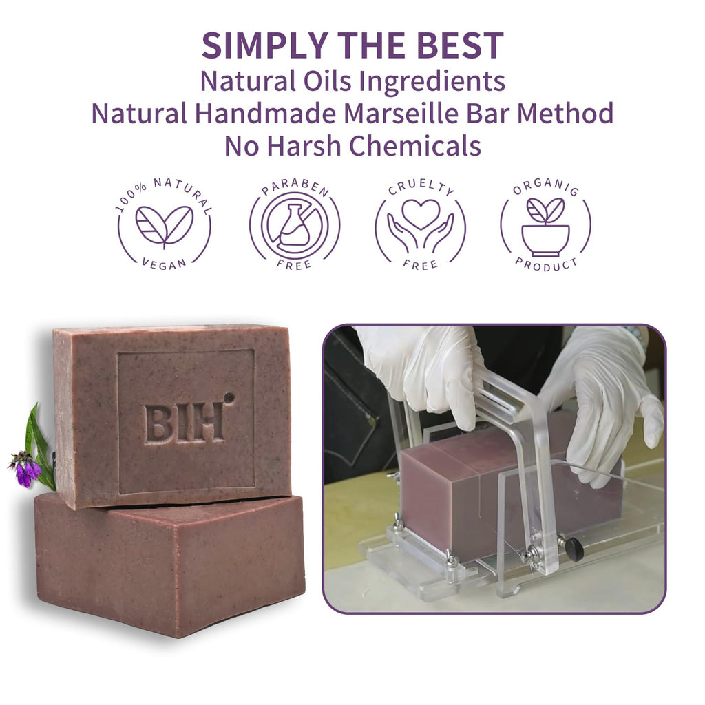 BIH Comfrey Marseille Bar Soap Cold Process Body Soap Bar with Olive Oil & Coconut Oil, Gentle Cleansing & Moisturizes Bar for All Skin, 7.05oz - 1 Pack