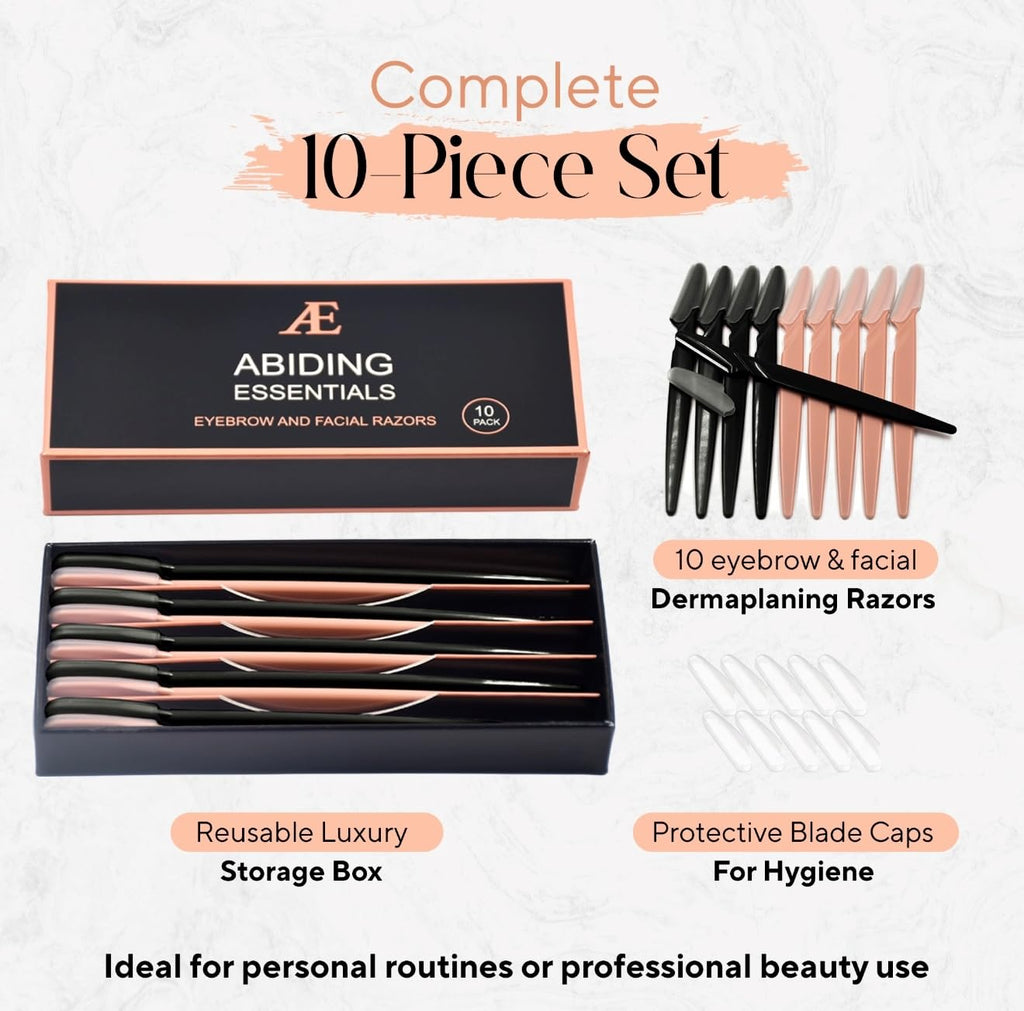 Abiding Essentials Dermaplane Razor for Women & Men – Precision Hair Remover & Exfoliating Face Shaver, Eyebrow Trimmer – Luxurious At-Home Spa Skincare Set (Premium Black/Rose Gold) 10pcs