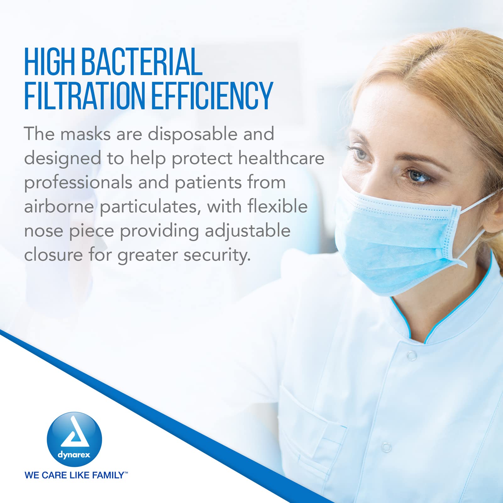 Dynarex Procedure Masks - Triple-Pleated Face Masks with Ear Loops & Nose Strip - Disposable Medical Mask, Face Protection for Hospital - 50 per Box– Blue